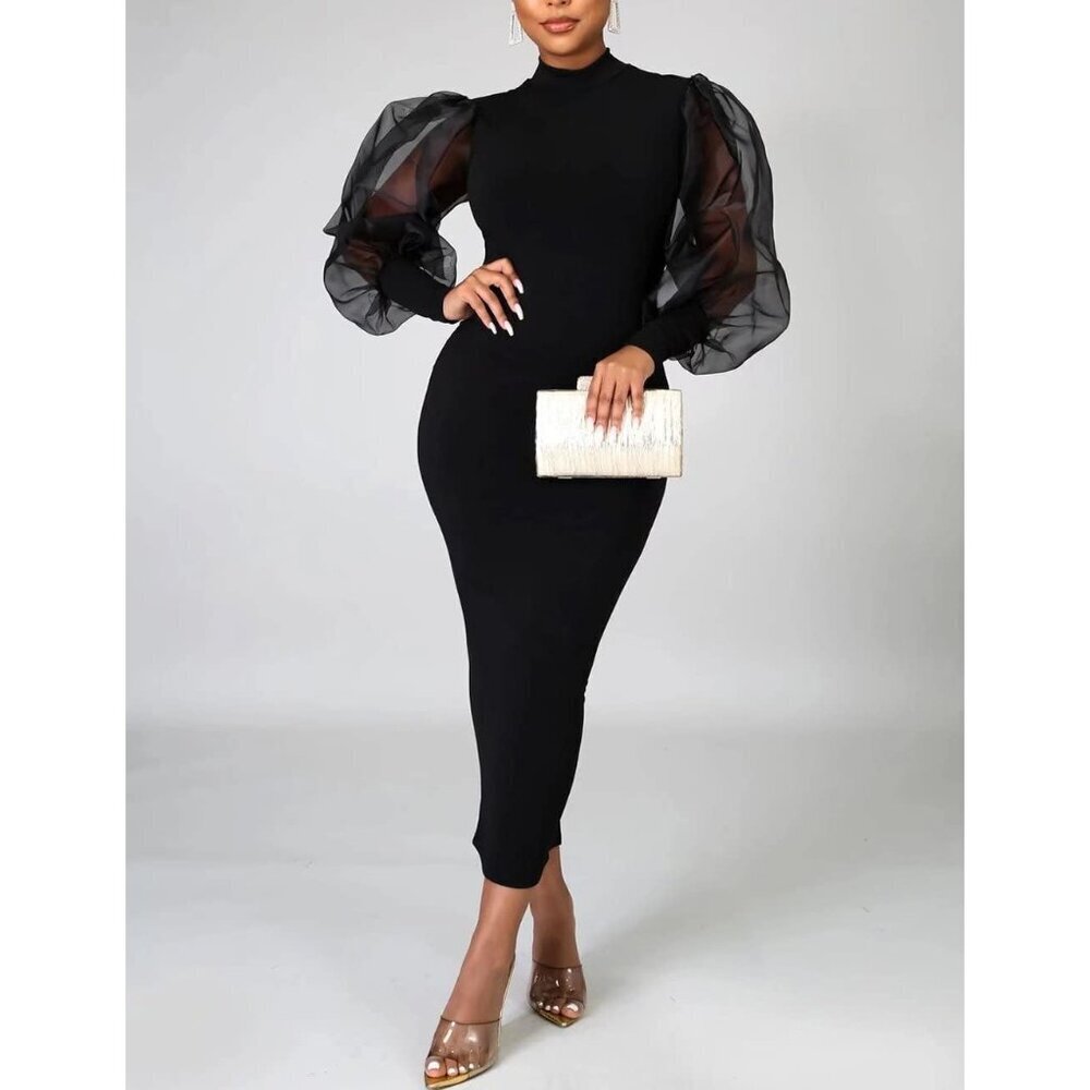 Women's Puff Sleeve Midi Dress Polyester Long Sleeve Office Party Work - Picture 3 of 5